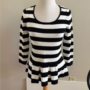 White House Black Market Striped Peplum Blouse 3/4 Sleeve  Sweater Sz M